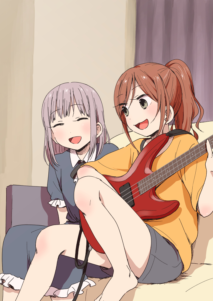 2girls, :d, ^_^, bang_dream!, bang_dream!_girls_band_party!, bangs, barefoot, black_neckwear