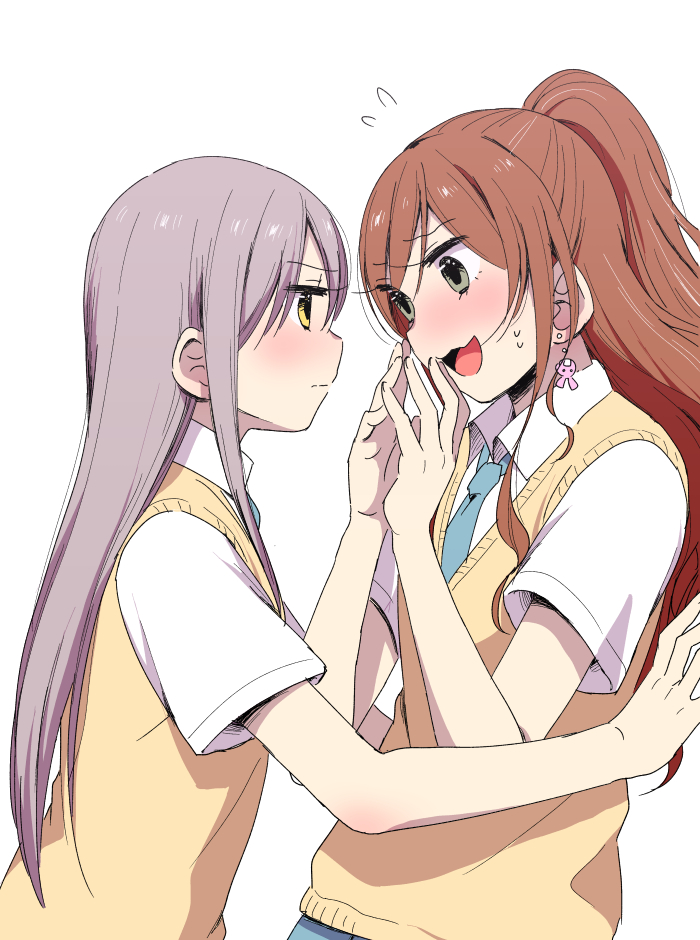 2girls, :3, :d, bang_dream!, blue_neckwear, blush, brown_hair, collared_shirt