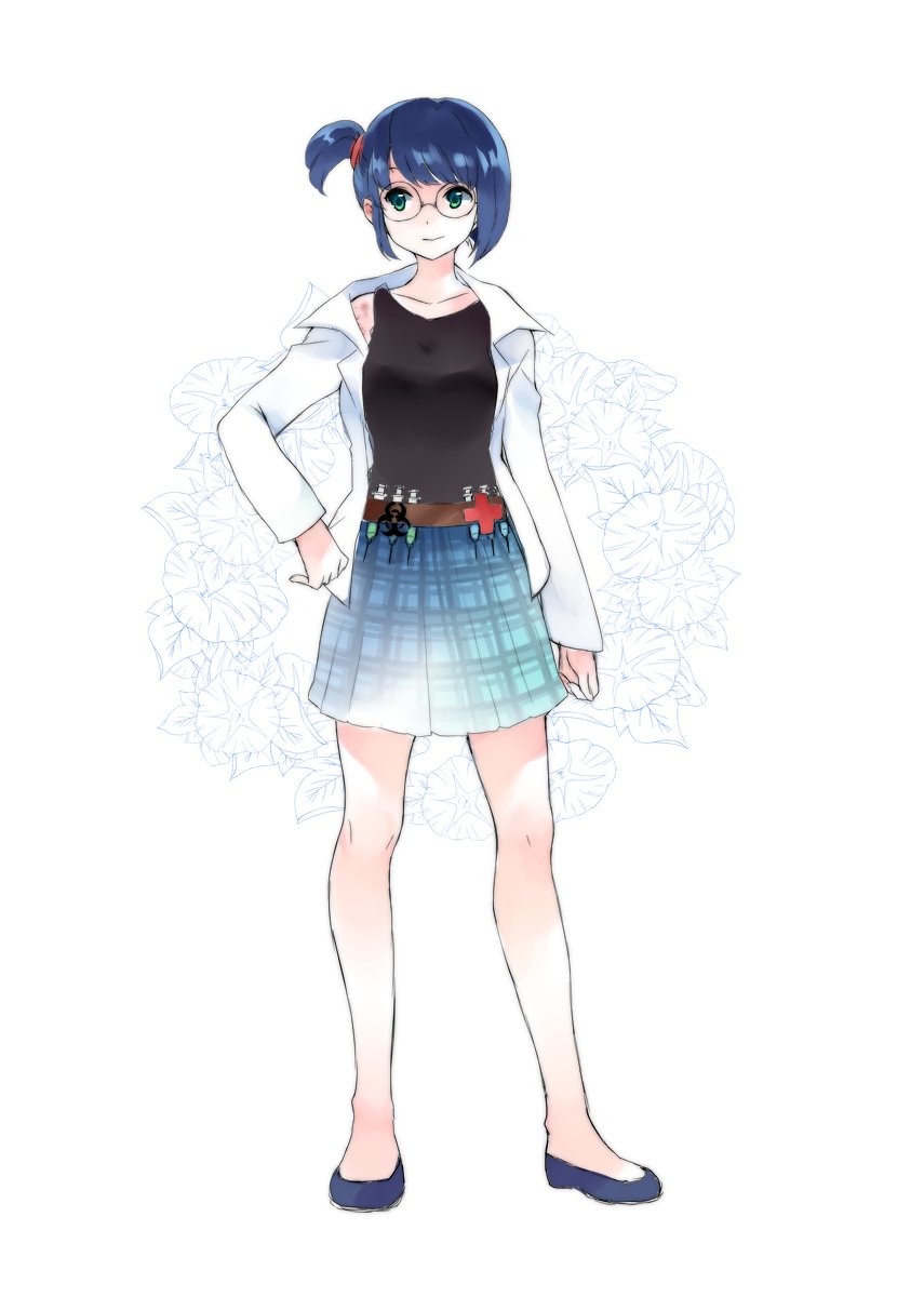 1girl, belt, black_shirt, blue_eyes, blue_hair, blue_legwear, blue_skirt, commentary