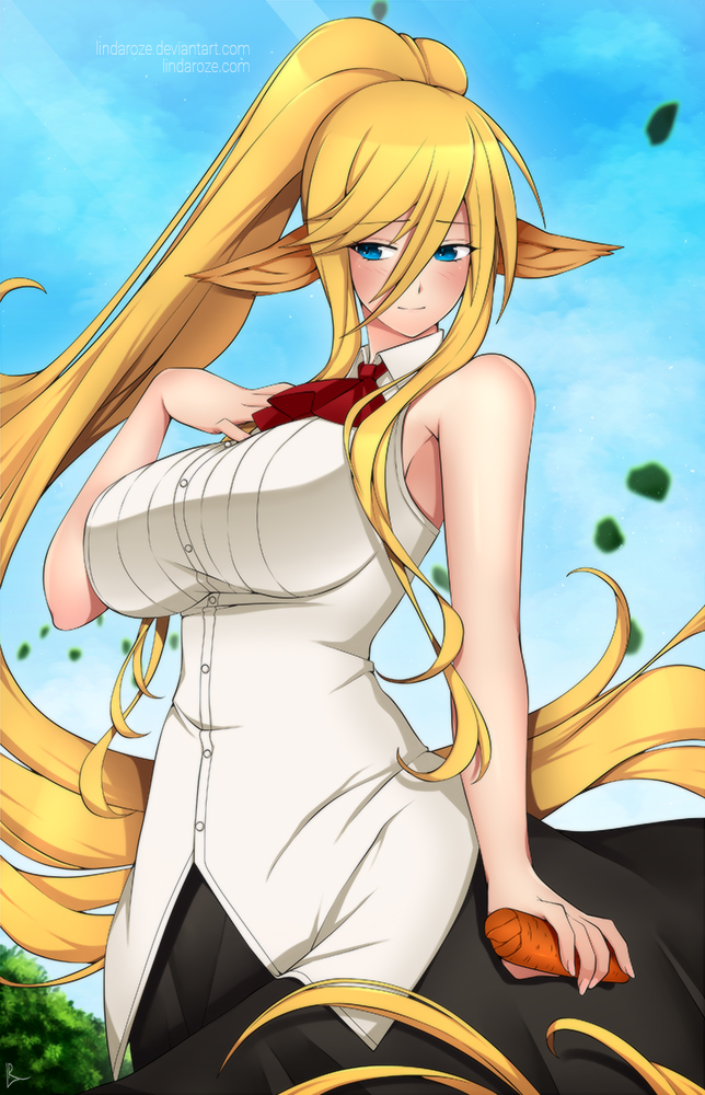 1girl, alina_pegova, animal_ears, blonde_hair, blue_eyes, breasts, centaur, centorea_shianus