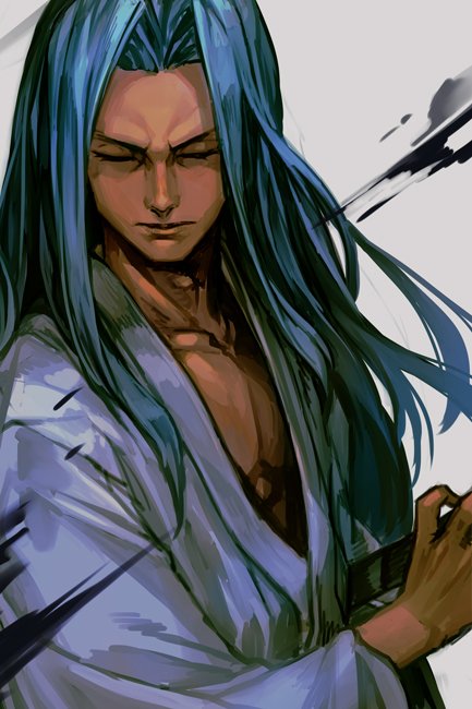 1boy, bangs, blue_hair, closed_eyes, closed_mouth, facing_viewer, forehead, grey_background, hankuri, long_sleeves, male_focus, parted_bangs, samurai_spirits, simple_background, solo, tachibana_ukyou, upper_body