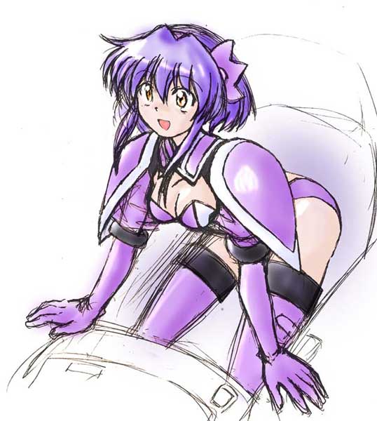 breasts, cleavage, elbow_gloves, gloves, kure, purple_hair, short_hair, sketch, thigh-highs, thighhighs, vandread, yellow_eyes