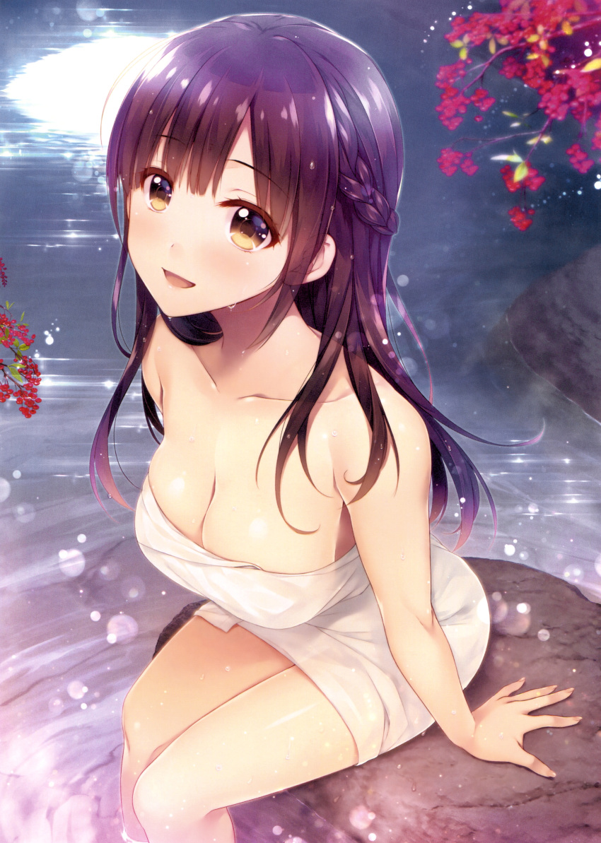 1girl, :d, absurdres, alpha_(yukai_na_nakamatachi), arm_support, breasts, brown_eyes, brown_hair, cleavage, collarbone, day, flower, highres, long_hair, medium_breasts, naked_towel, open_mouth, outdoors, red_flower, sitting, smile, solo, toranoana, towel, water, wet, white_towel