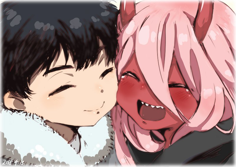1boy, 1girl, black_hair, blush, buretaro, closed_eyes, coat, couple, darling_in_the_franxx, fur_trim, hiro_(darling_in_the_franxx), horns, long_hair, oni_horns, parka, pink_hair, red_eyes, short_hair, tears, zero_two_(darling_in_the_franxx)