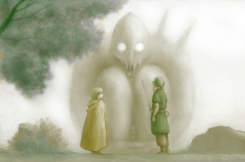 1boy, 1girl, character_request, cloak, green_hat, hat, holding, holding_sword