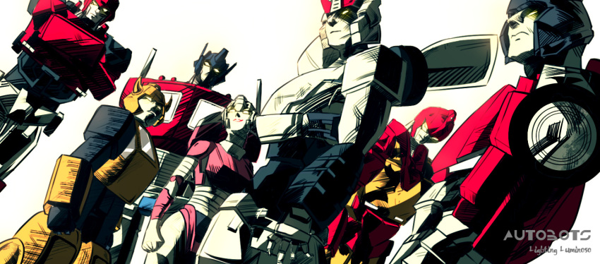 1girl, 6+boys, 80s, arcee, autobot, bumblebee, glowing, glowing_eyes