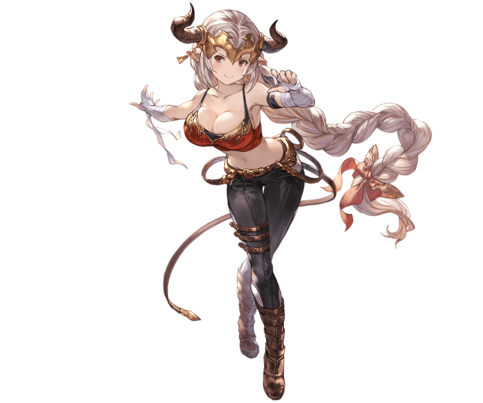 1girl, aliza_(granblue_fantasy), bandage, bandaged_arm, bare_shoulders, boots, braid, breasts, cleavage, collarbone, draph, full_body, granblue_fantasy, hair_ornament, hair_ribbon, horn, horns, large_breasts, long_hair, looking_to_the_side, midriff, minaba_hideo, navel, official_art, pants, pointy_ears, red_eyes, ribbon, smile, solo, standing, tank_top, transparent_background, very_long_hair, white_hair