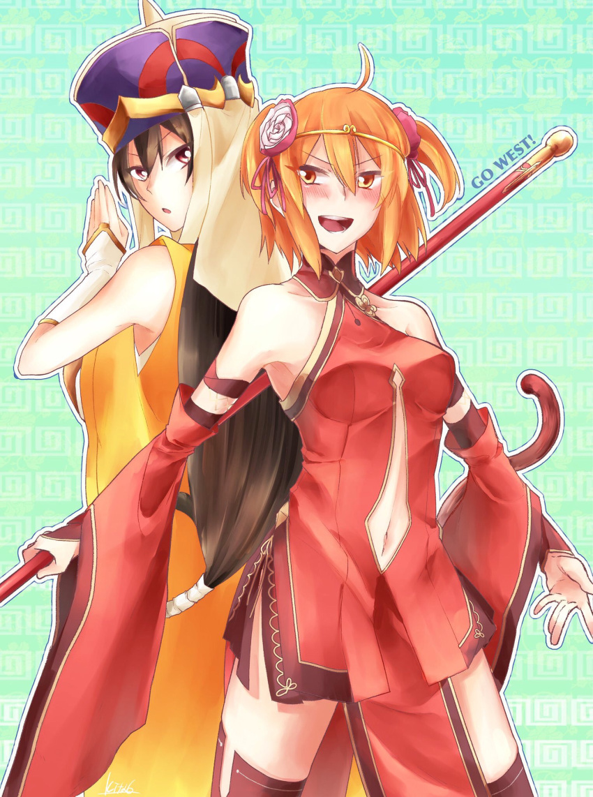 2girls, ahoge, akaji_(alpha0107), alternate_costume, back-to-back, bare_shoulders, blush, brown_eyes
