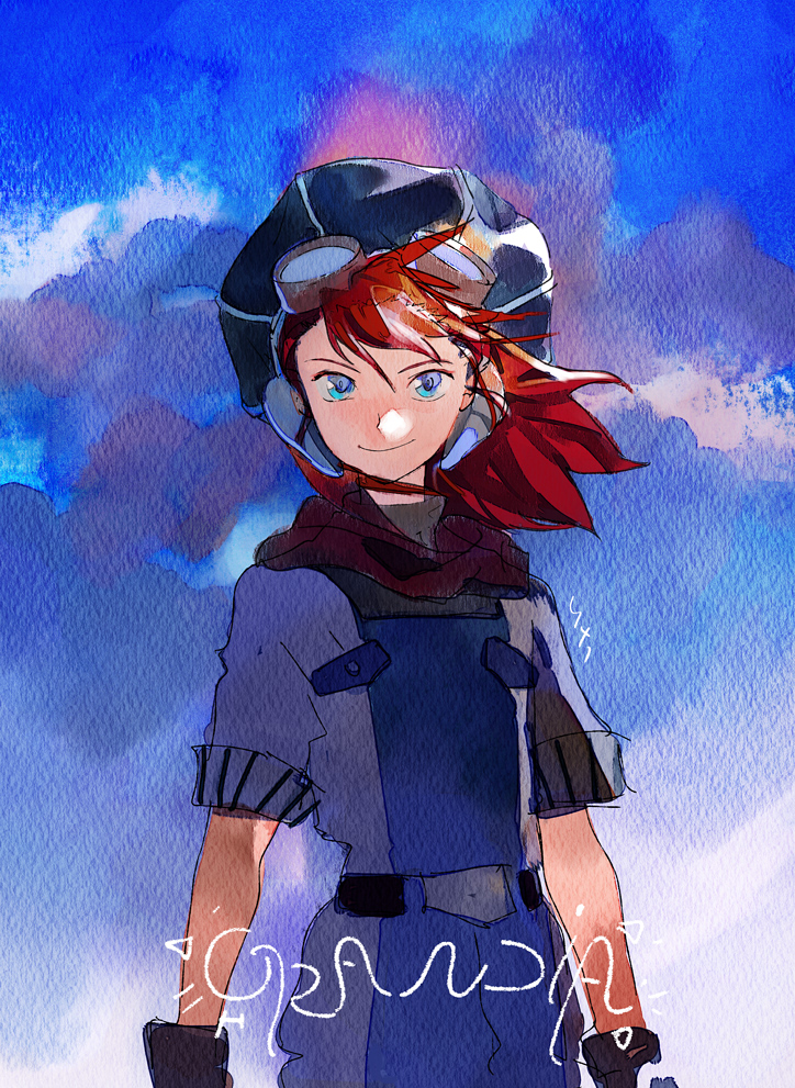 1boy, blue_background, blue_eyes, closed_mouth, facing_viewer, floating_hair, goggles, goggles_on_head