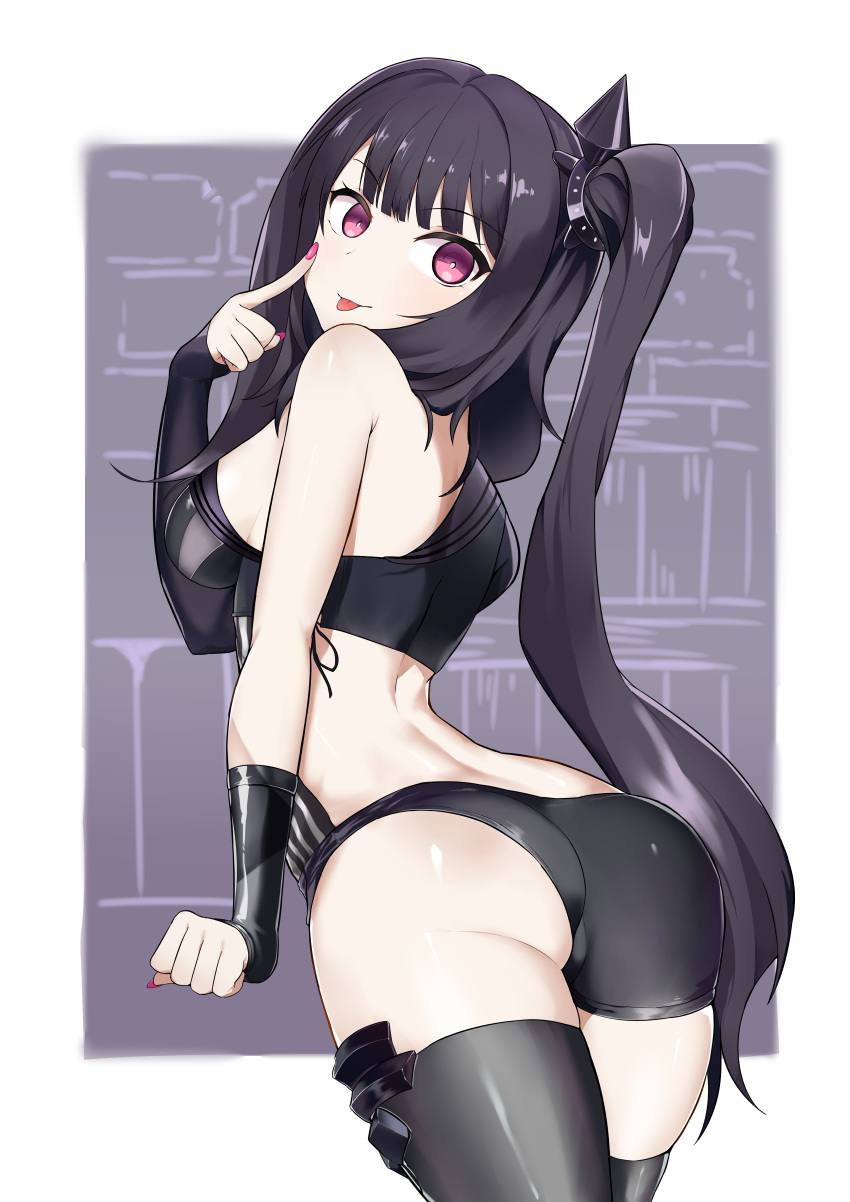 1girl, :p, absurdres, architect_(girls_frontline), arm_warmers, ass, asymmetrical_clothes, bangs, bare_shoulders, black_hair, black_legwear, blush, breasts, clenched_hand, cowboy_shot, eyebrows_visible_through_hair, finger_to_cheek, girls_frontline, hair_ornament, head_tilt, highres, long_hair, looking_at_viewer, looking_back, medium_breasts, nail_polish, nemomo, pale_skin, pink_eyes, pink_nails, sangvis_ferri, shiny, shiny_skin, side-tie_costume, side_ponytail, sidelocks, skindentation, smile, solo, thigh-highs, thighs, tongue, tongue_out, twisted_torso, very_long_hair, violet_eyes
