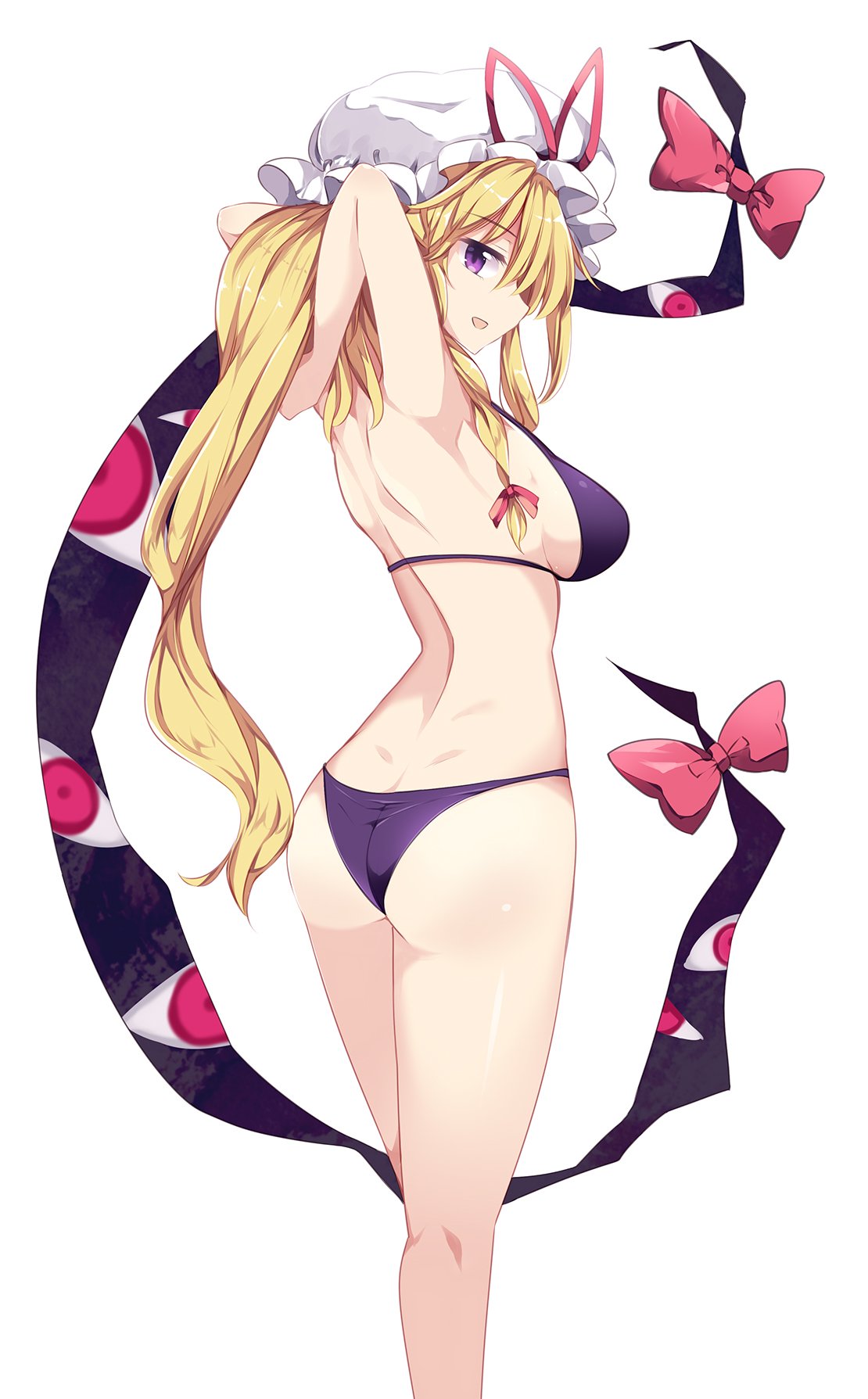 1girl, arms_up, ass, back, bare_legs, bikini, blonde_hair, bow