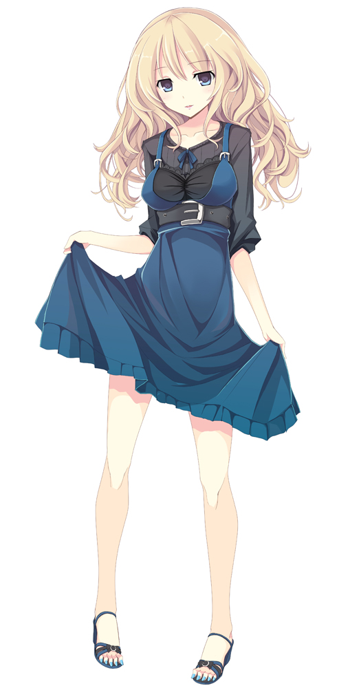 belt, blonde_hair, blue_eyes, dress, dress_lift, fashion, legs, long_hair