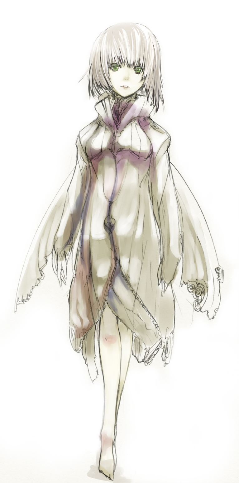 dress, feet, green_eyes, highres, kae_(artist), short_hair, sketch, white_hair