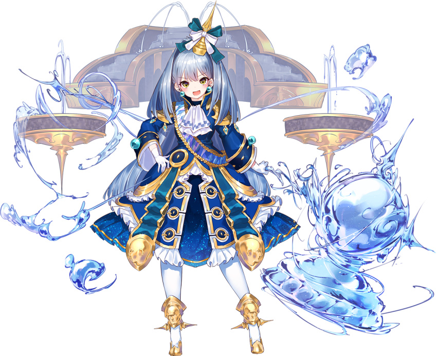 >:d, 1girl, artist_request, ascot, blue_dress, blue_hair, dress, earrings, fountain, full_body, gloves, hair_ornament, hand_on_hip, jewelry, long_hair, looking_at_viewer, official_art, oshiro_project, oshiro_project_re, pantyhose, peterhof_(oshiro_project), solo, transparent_background, very_long_hair, white_gloves, white_legwear, yellow_eyes