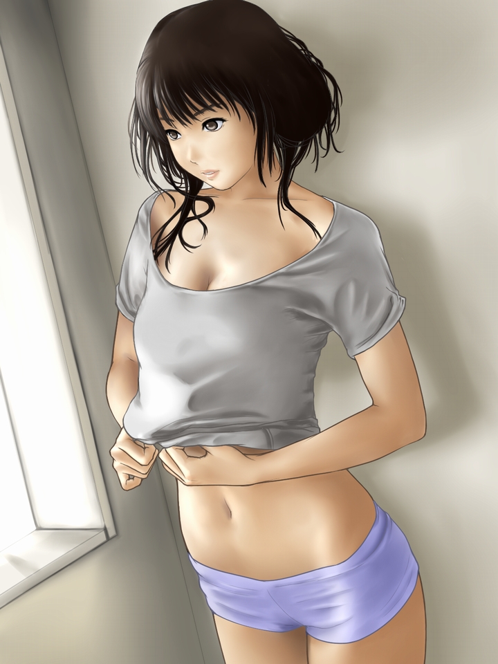 breasts, cleavage, derivative_work, eau, hand_under_clothes, hand_under_shirt, midriff, panties