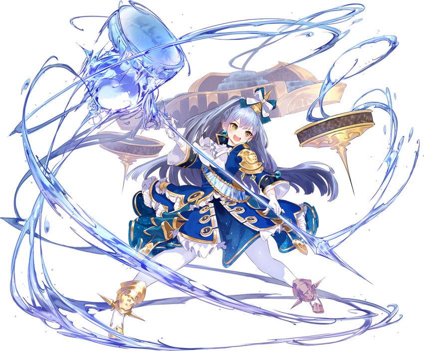 >:d, 1girl, artist_request, ascot, blue_dress, blue_hair, dress, earrings, fountain, full_body, gloves, hair_ornament, hand_on_hip, jewelry, long_hair, looking_at_viewer, official_art, oshiro_project, oshiro_project_re, pantyhose, peterhof_(oshiro_project), solo, transparent_background, very_long_hair, white_gloves, white_legwear, yellow_eyes
