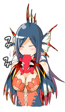 anthropomorphic, bangs, bare_shoulders, blue_hair, blue_skin, blush, breasts, bust