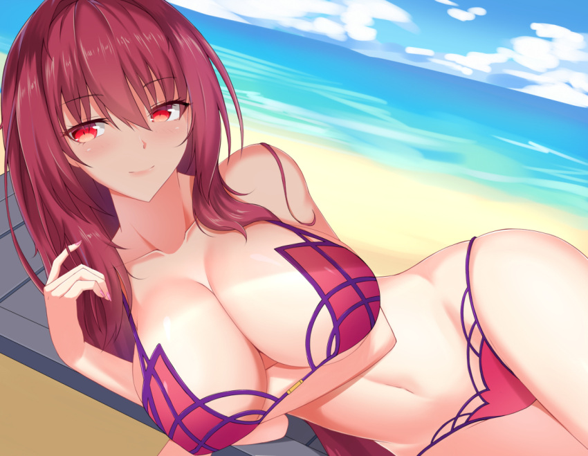 1girl, bangs, bare_shoulders, beach, bikini, blush, breasts, cleavage
