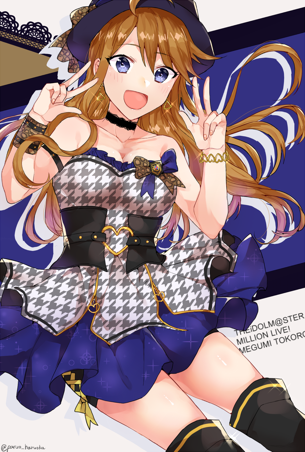 1girl, bangle, bangs, bare_shoulders, black_hat, blue_eyes, blush, boots, bracelet, breasts, brown_hair, character_name, choker, commentary_request, double_v, dress, eyebrows_visible_through_hair, hat, heart, highres, idolmaster, idolmaster_million_live!, idolmaster_million_live!_theater_days, jewelry, long_hair, looking_at_viewer, medium_breasts, open_mouth, paruo_hruoka, smile, solo, thigh-highs, thigh_boots, tokoro_megumi, v
