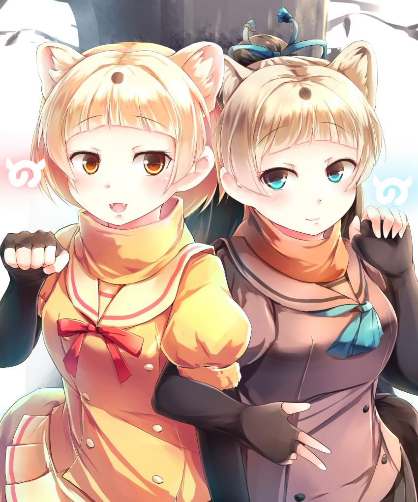 2girls, absurdres, bangs, blonde_hair, commentary_request, elbow_gloves, eyebrows_visible_through_hair, fangs