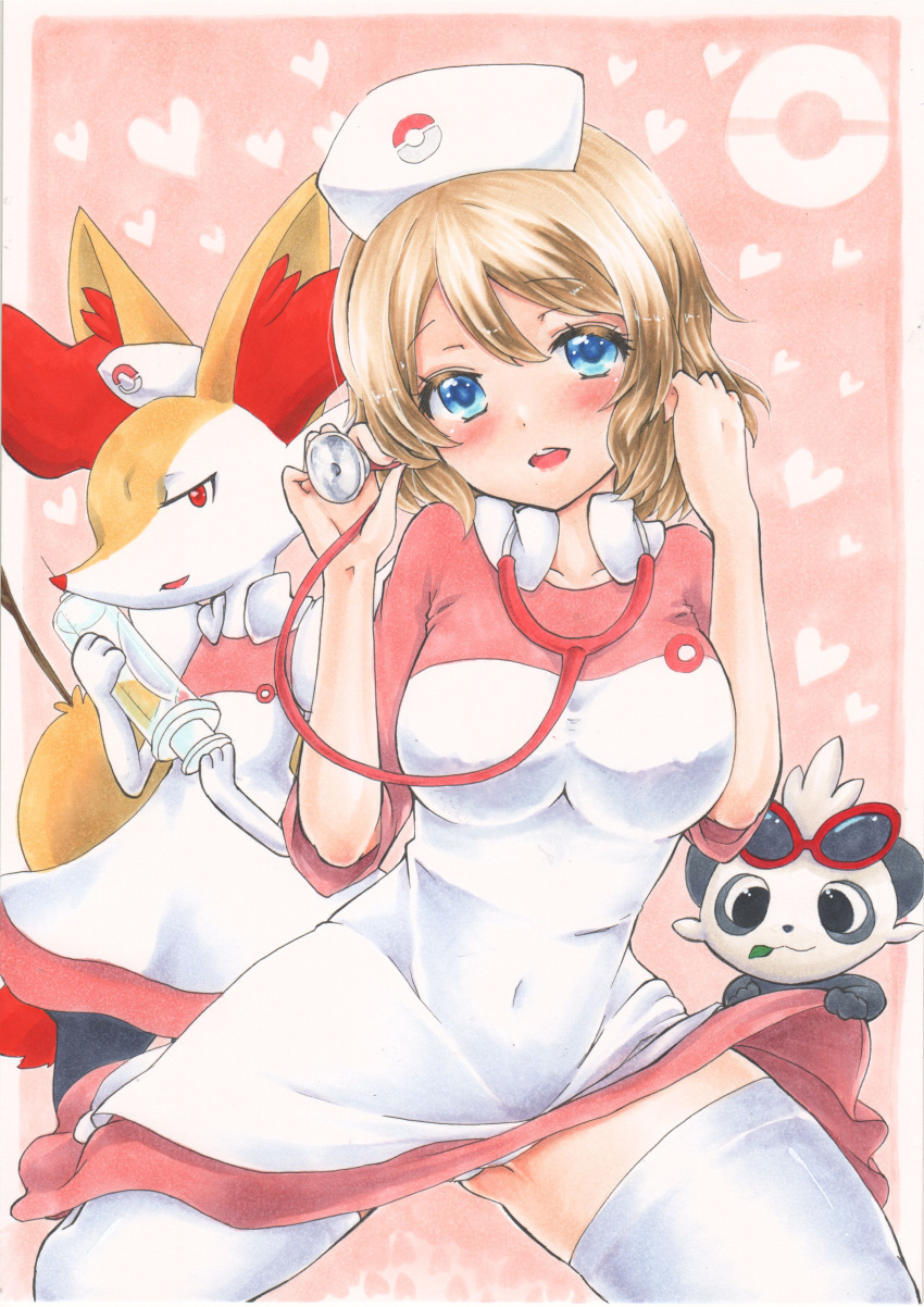 :d, absurdres, alternate_breast_size, black_eyes, braixen, breasts, brown_hair, cosplay, covered_navel, eyewear_on_head, hair_between_eyes, hand_up, hat, heart, highres, joy_(pokemon), joy_(pokemon)_(cosplay), looking_at_viewer, medium_breasts, mouth_hold, nurse, nurse_cap, open_mouth, pancham, panties, pink_background, pokemon, red-framed_eyewear, red_eyes, scope, serena_(pokemon), short_hair, skirt, skirt_lift, smile, stethoscope, syringe, thigh-highs, traditional_media, underwear, white_legwear, white_panties, white_skirt, yuuki_chima