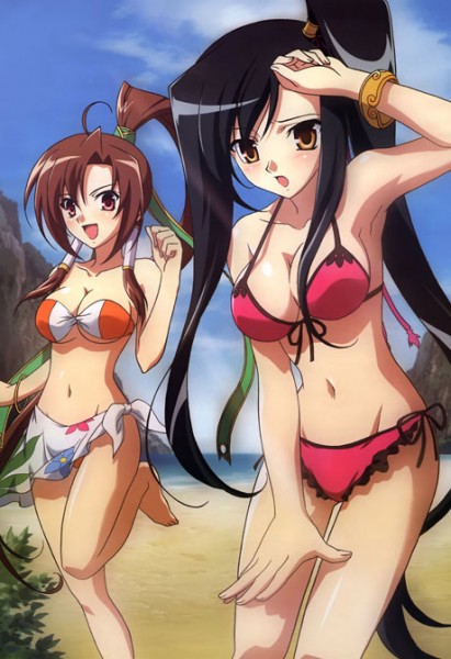 beach, bikini, black_hair, blush, bra, bracelet, breasts, brown_eyes