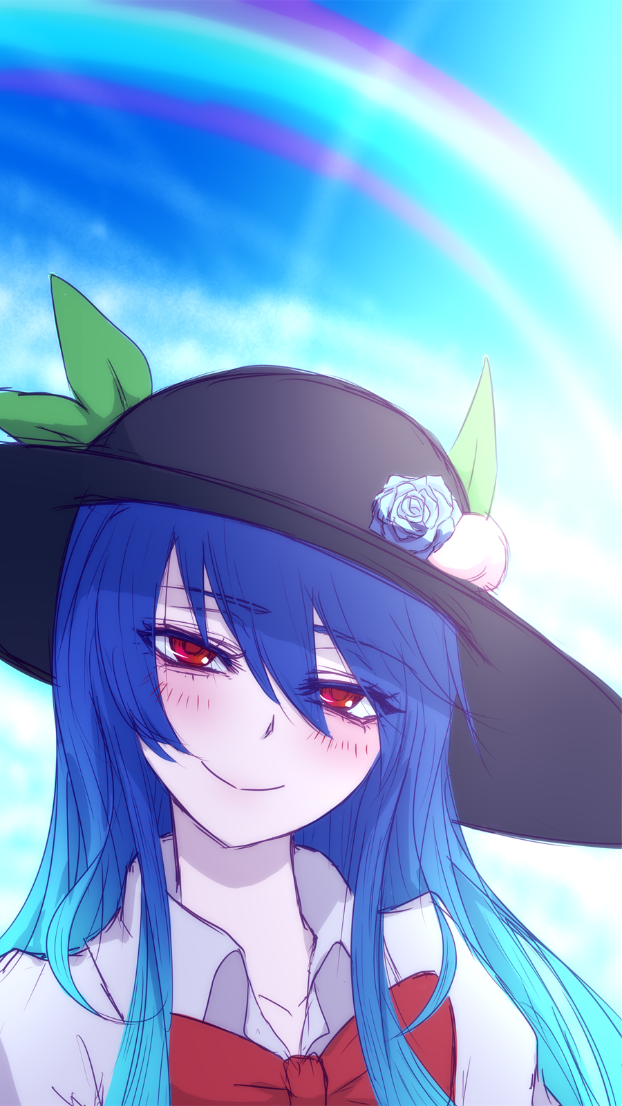 1girl, black_hat, blouse, blue_flower, blue_hair, blue_rose, blue_sky, blush