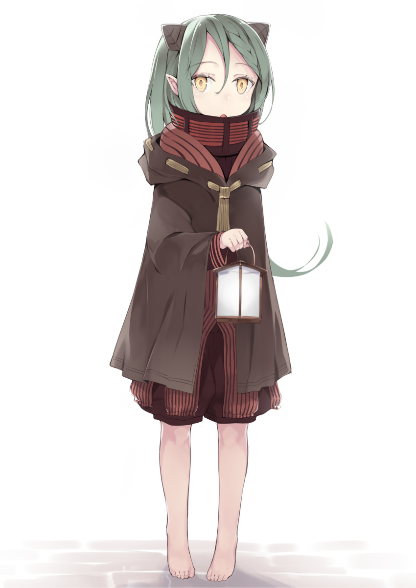 1girl, :o, barefoot, braid, brown_cloak, cloak, cobblestone, colored_eyelashes