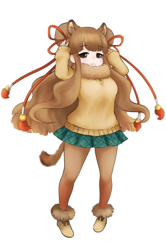 1girl, animal_ears, bactrian_camel_(kemono_friends), brown_hair, camel_ears, camel_tail, double_bun, fur_trim