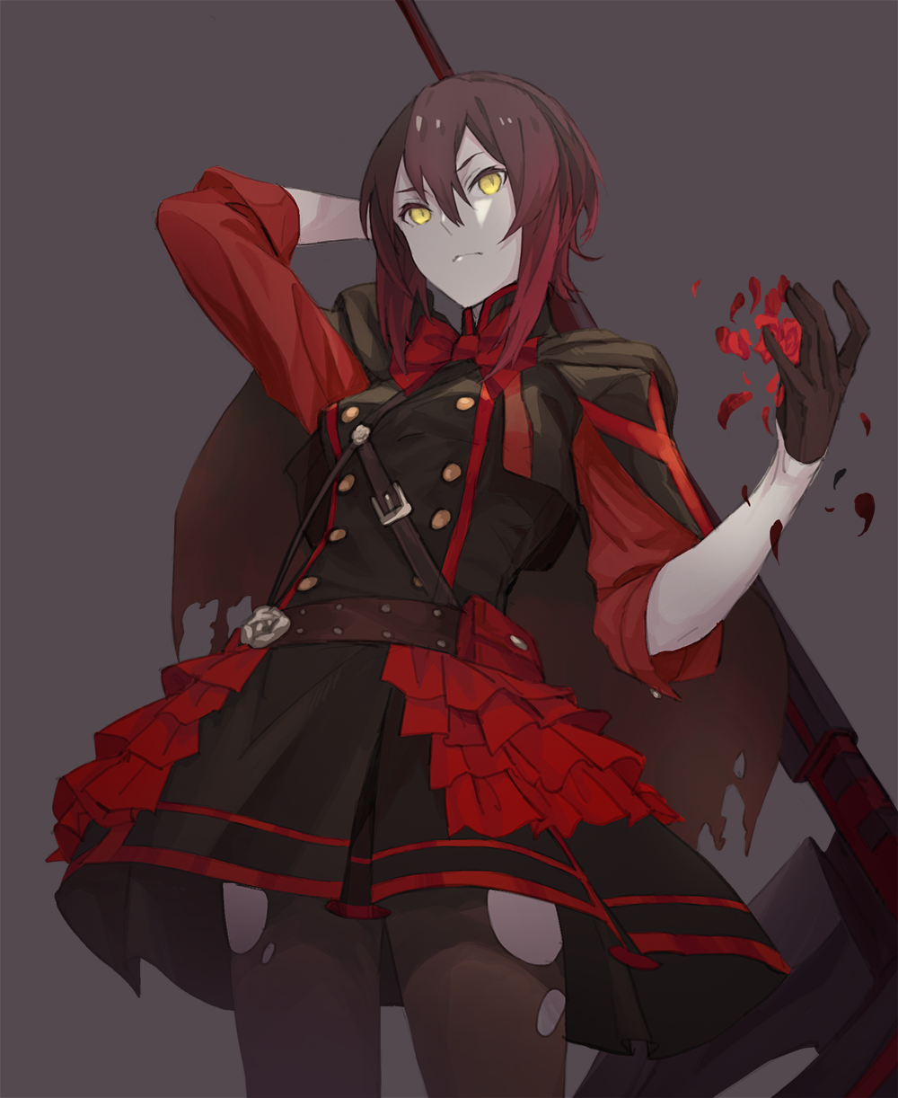 1girl, alternate_eye_color, arm_behind_back, belt, belt_pouch, black_gloves, black_legwear, brown_hair, cape, commentary, flat_chest, frills, from_below, gloves, gothic_lolita, grey_hair, hair_between_eyes, hayami_ritsu, highres, lolita_fashion, multicolored_hair, neck_bow, over_shoulder, pantyhose, petals, red_eyes, red_neckwear, rose_petals, ruby_rose, rwby, scythe, short_hair, solo, torn_cape, torn_clothes, torn_pantyhose, weapon, weapon_over_shoulder, yellow_eyes