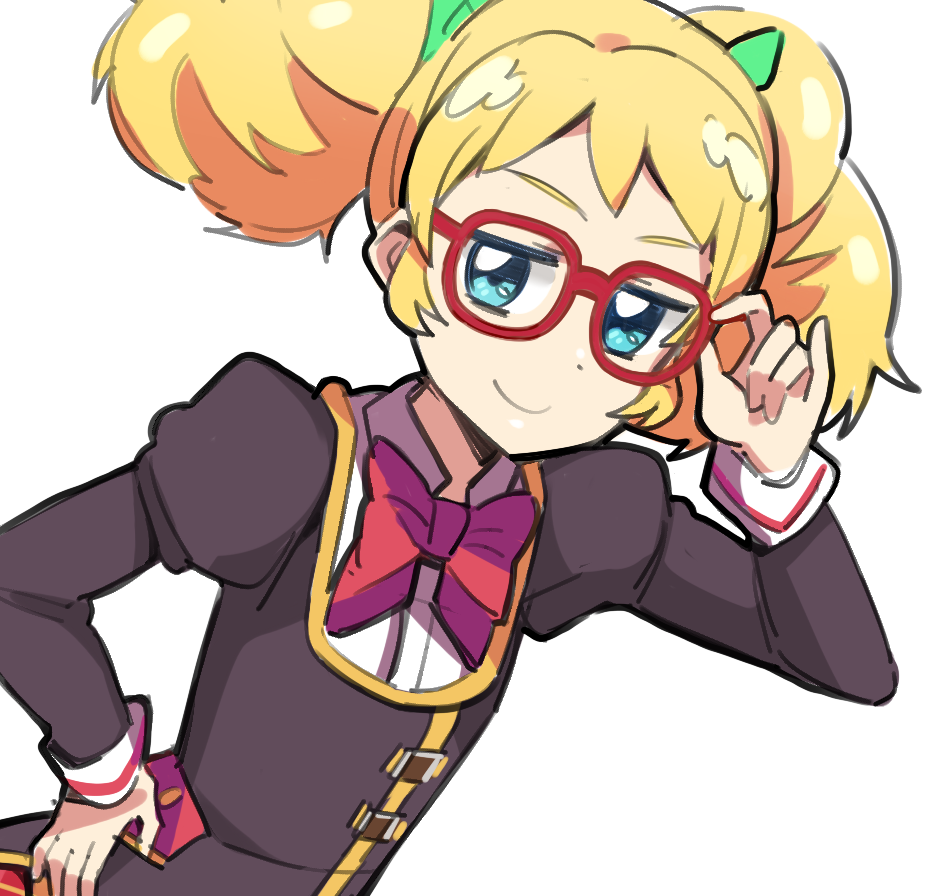 1girl, adjusting_eyewear, aikatsu!, aikatsu!_(series), blonde_hair, blue_eyes, blush, bow