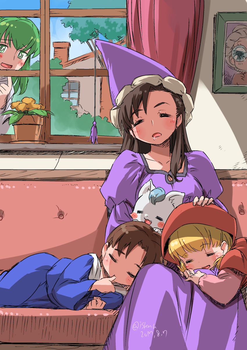 2girls, 3boys, absurdres, akazukin_chacha, black_hair, blonde_hair, chacha_(akazukin_chacha), closed_eyes