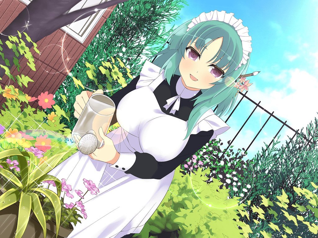 1girl, apron, bad_source, bashou_(senran_kagura), breasts, flower, green_hair, large_breasts
