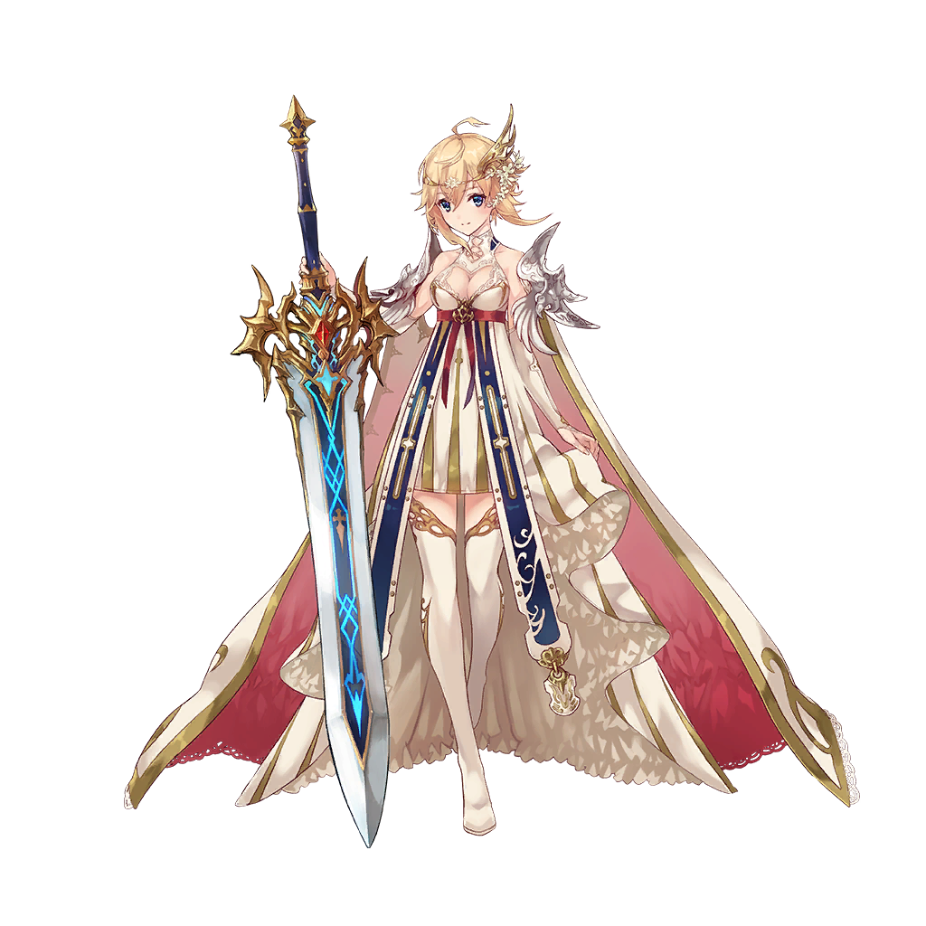 ahoge, bare_shoulders, blonde_hair, boots, breasts, cape, cleavage, cleavage_cutout, dare_ga_tame_no_alchemist, dress, elbow_gloves, fingerless_gloves, flower, formal, gloves, greatsword, hair_flower, hair_ornament, huge_weapon, kanon_(dare_ga_tame_no_alchemist), medium_breasts, official_art, ornate_weapon, rinzo, short_hair, shoulder, shoulder_armor, sword, thigh-highs, thigh_boots, weapon