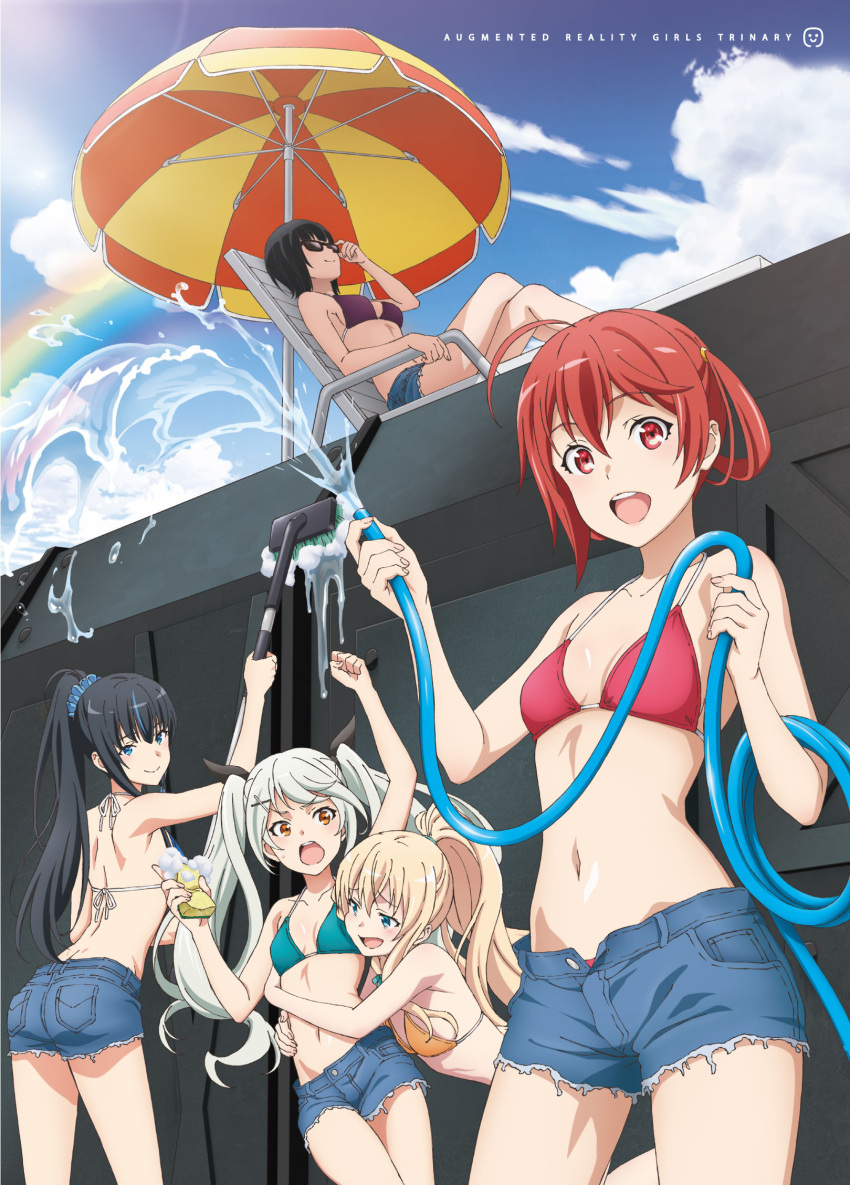 5girls, :d, ahoge, aqua_bikini_top, asymmetrical_hair, black_hair, black_ribbon, blonde_hair