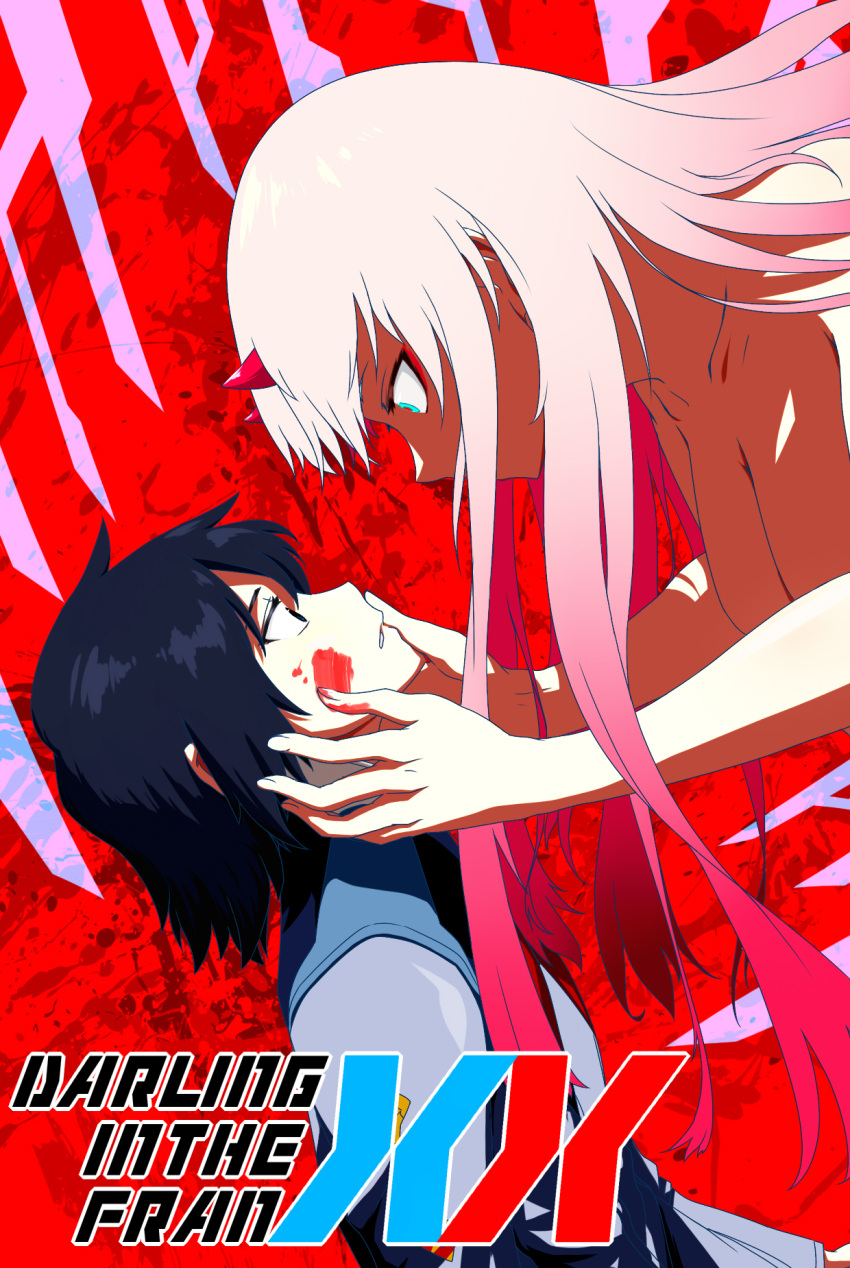 1boy, 1girl, black_hair, blood, blood_on_face, bloody_hands, couple, darling_in_the_franxx, face-to-face, green_eyes, highres, hiro_(darling_in_the_franxx), horns, kizeminato, long_hair, looking_at_viewer, military, military_uniform, oni_horns, pink_hair, short_hair, uniform, zero_two_(darling_in_the_franxx)