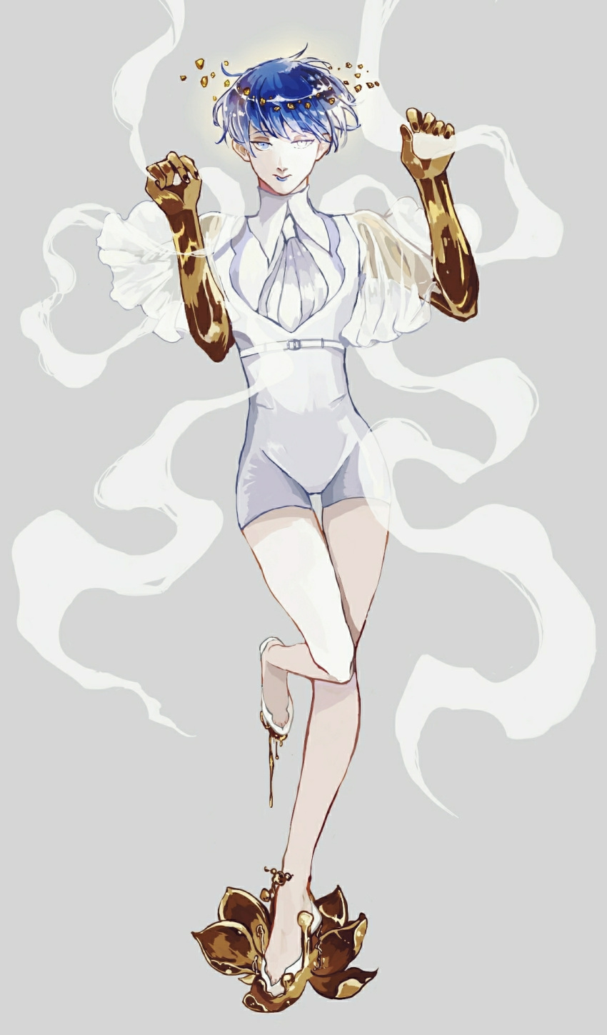 1other, androgynous, bangs, blue_eyes, blue_hair, commentary_request, different_reflection, flower