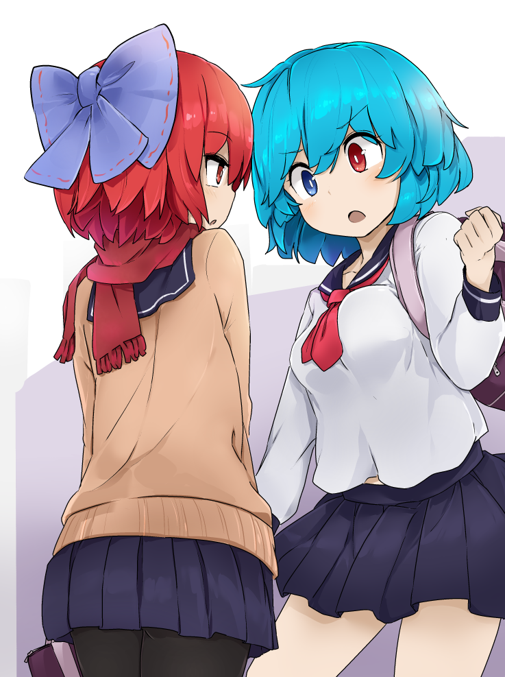 2girls, :o, alternate_costume, bag, black_legwear, blue_bow, blue_eyes, blue_hair