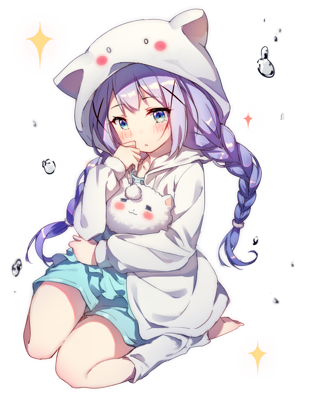 1girl, :3, :o, =_=, alternate_hairstyle, animal_hood, barefoot, blue_eyes