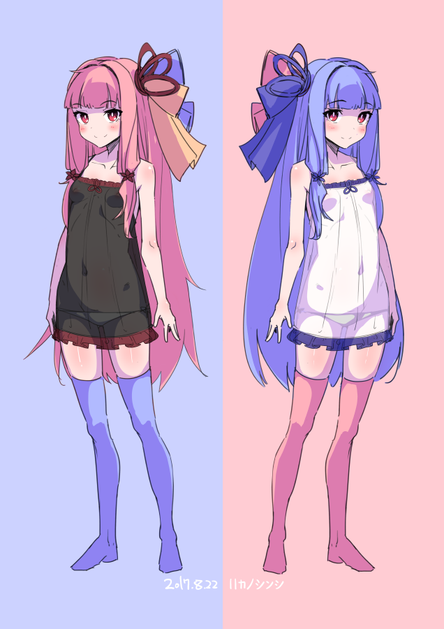 2girls, babydoll, bangs, bare_arms, blue_hair, blue_legwear, blue_ribbon, blush