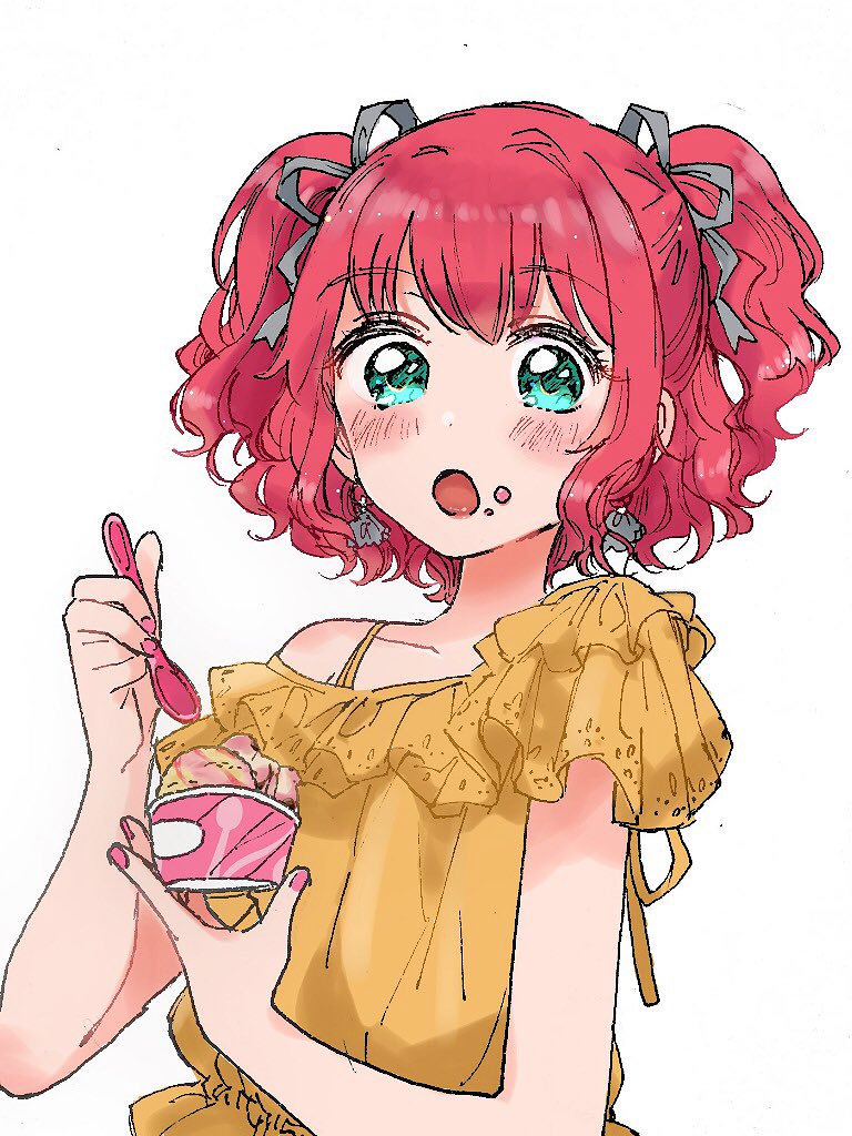 1girl, :o, aqua_eyes, bangs, black_ribbon, blush, commentary, cup