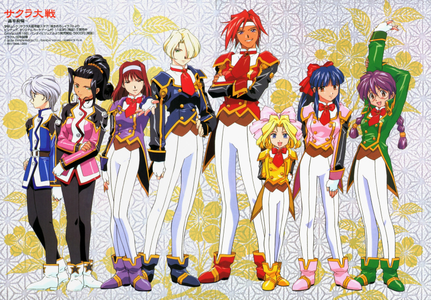 blonde_hair, blue_eyes, blue_hair, bow, braid, brown_eyes, brown_hair, dark_skin