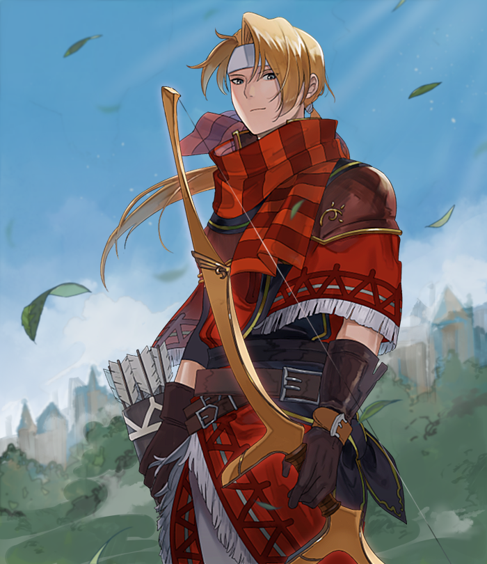 1boy, arrow, belt, blonde_hair, bow_(weapon), brown_eyes, fire_emblem, fire_emblem:_mystery_of_the_emblem