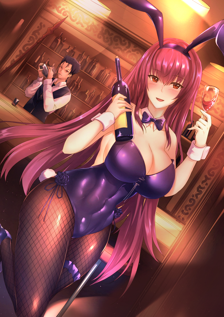 1boy, 1girl, :d, alcohol, animal_ears, antiqq, bangs, bar