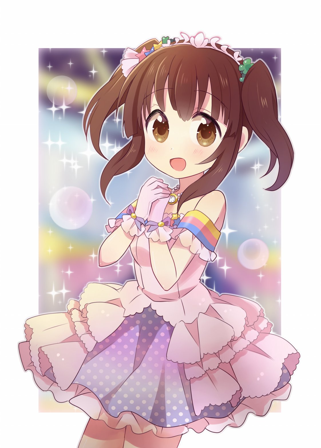 1girl, :d, bangs, blurry, blurry_background, brown_eyes, brown_hair, bubble_background
