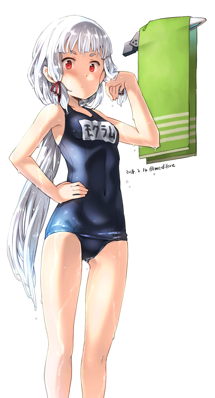 1girl, alternate_hairstyle, ass_visible_through_thighs, blue_swimsuit, breasts, covered_navel, cowboy_shot, hair_ribbon