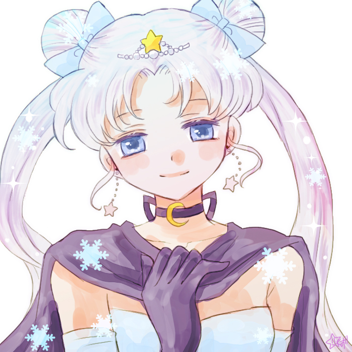 1girl, bishoujo_senshi_sailor_moon, black_cape, black_gloves, black_neckwear, blue_bow, blue_eyes, bow, cape, choker, closed_mouth, double_bun, earrings, gloves, hair_bow, jewelry, kurokuzu_(milkyway792), long_hair, looking_at_viewer, simple_background, smile, snowflakes, solo, star, star_earrings, tsukino_usagi, twintails, white_background, white_hair