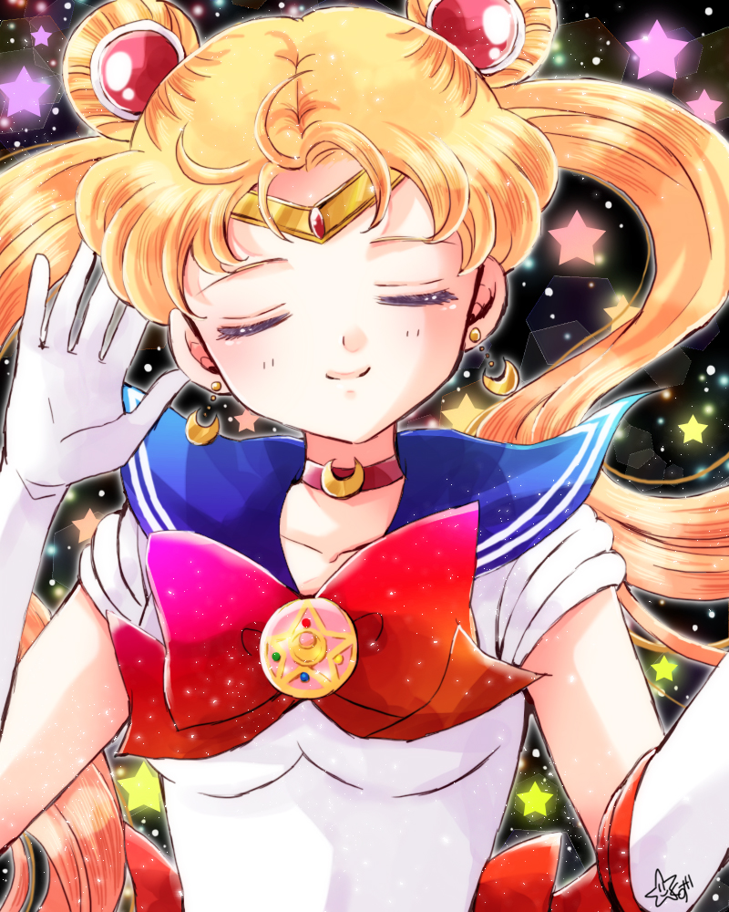1girl, back_bow, bishoujo_senshi_sailor_moon, black_background, blonde_hair, blue_sailor_collar, bow, brooch