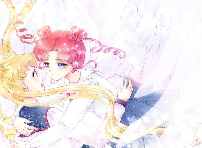 2girls, :o, bishoujo_senshi_sailor_moon, blonde_hair, blouse, blue_eyes, blue_skirt, chibi_chibi, closed_mouth, double_bun, drill_hair, earrings, eye_contact, feathered_wings, heart, heart_earrings, hug, jewelry, juuban_high_school_uniform, kurokuzu_(milkyway792), long_hair, looking_at_another, looking_at_viewer, multiple_girls, older, open_mouth, redhead, short_hair, sidelocks, skirt, smile, tsukino_usagi, twin_drills, twintails, upper_body, white_blouse, white_wings, wings