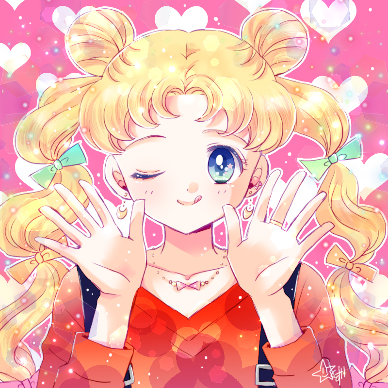 1girl, ;q, bishoujo_senshi_sailor_moon, blonde_hair, blue_eyes, bow, crescent, crescent_earrings, double_bun, earrings, green_bow, hair_bow, heart, heart_background, jewelry, kurokuzu_(milkyway792), light_particles, long_hair, looking_at_viewer, multi-tied_hair, necklace, one_eye_closed, pink_background, red_shirt, ring, shirt, signature, smile, solo, star, star_in_eye, symbol_in_eye, tongue, tongue_out, tsukino_usagi, twintails, upper_body, yellow_bow